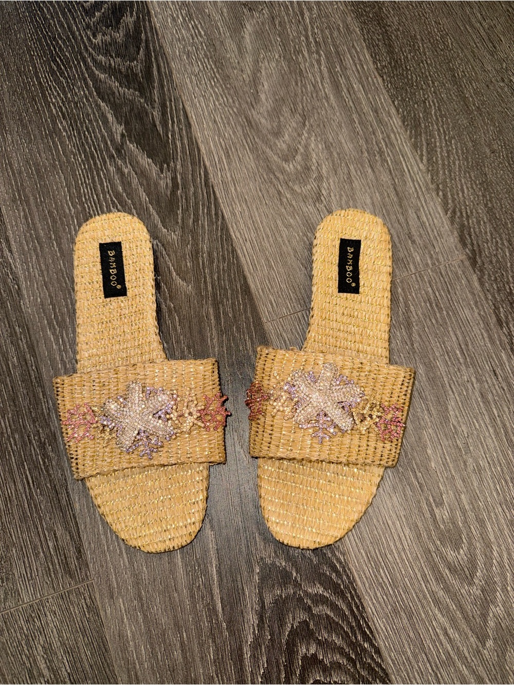 BAMBOO Tan Woven Slide Sandals with Beaded Floral Detail